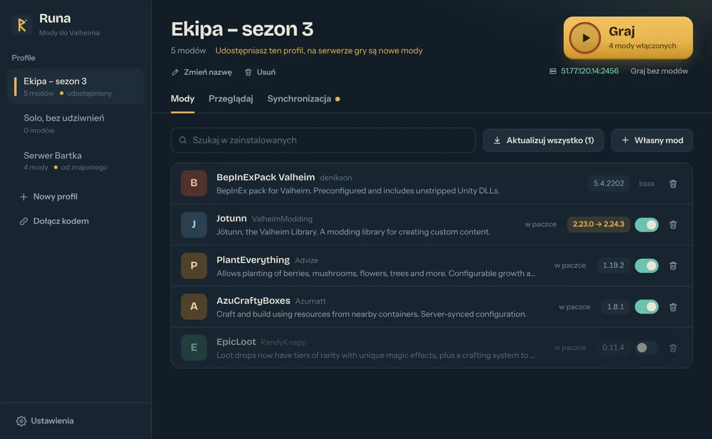 Okno Runy: profil Ekipa - sezon 3 z listą modów, przyciskiem Graj i adresem serwera