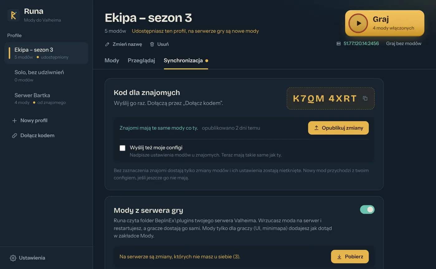 Zakładka Synchronizacja: kod K7QM 4XRT, przycisk Opublikuj zmiany i sekcja Mody z serwera gry